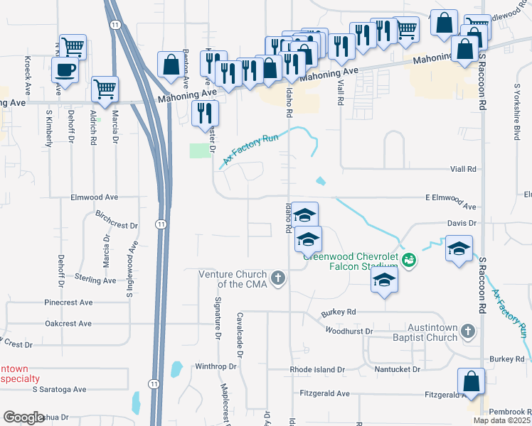 map of restaurants, bars, coffee shops, grocery stores, and more near 4811 Westchester Drive in Youngstown