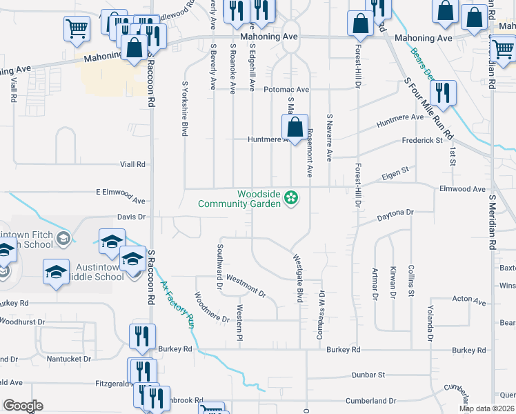 map of restaurants, bars, coffee shops, grocery stores, and more near 363 South Edgehill Avenue in Youngstown