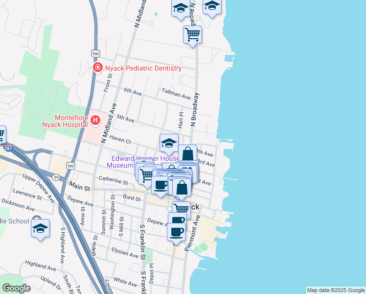 map of restaurants, bars, coffee shops, grocery stores, and more near Marion Street & 4th Avenue in Nyack