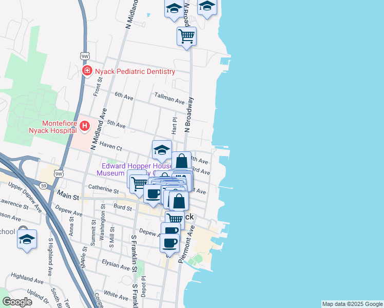 map of restaurants, bars, coffee shops, grocery stores, and more near 35 4th Avenue in Nyack