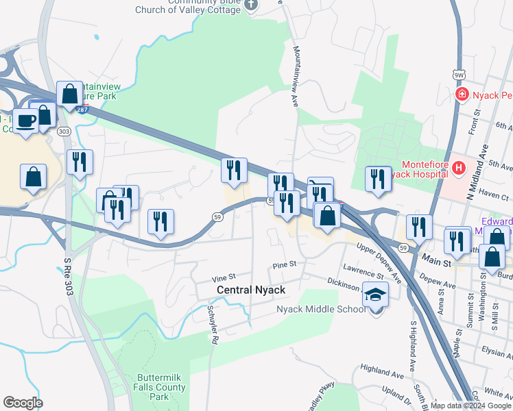 map of restaurants, bars, coffee shops, grocery stores, and more near 21 West Broadway in Nyack