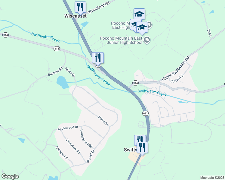 map of restaurants, bars, coffee shops, grocery stores, and more near 1940 Pennsylvania 611 in Swiftwater