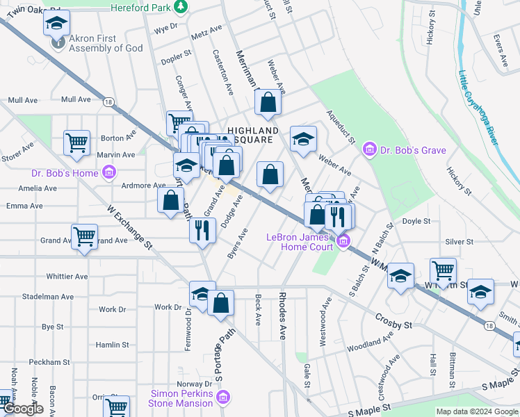 map of restaurants, bars, coffee shops, grocery stores, and more near 31 Byers Avenue in Akron