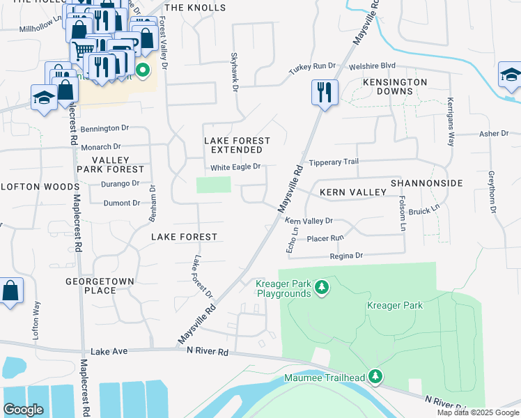 map of restaurants, bars, coffee shops, grocery stores, and more near 7007 Maysville Road in Fort Wayne