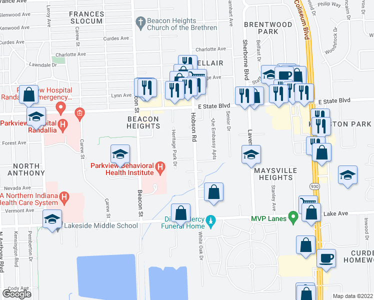 map of restaurants, bars, coffee shops, grocery stores, and more near S Heritage Park Ln in Fort Wayne