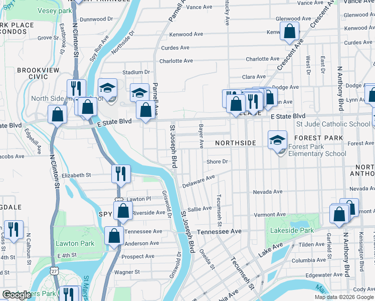 map of restaurants, bars, coffee shops, grocery stores, and more near 2002 Hillside Avenue in Fort Wayne