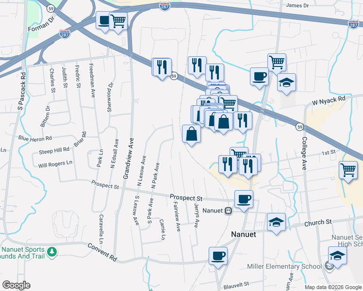map of restaurants, bars, coffee shops, grocery stores, and more near 40 North Fremont Avenue in Nanuet
