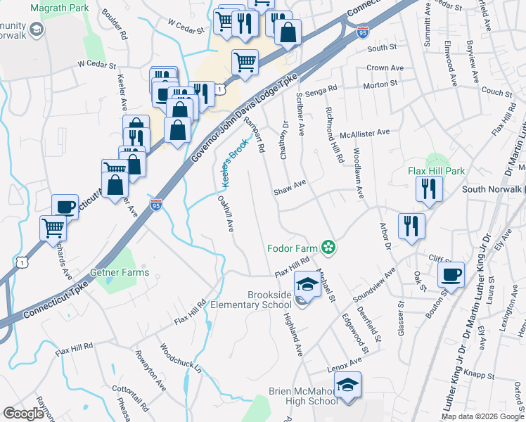 map of restaurants, bars, coffee shops, grocery stores, and more near 10 West View Lane in Norwalk