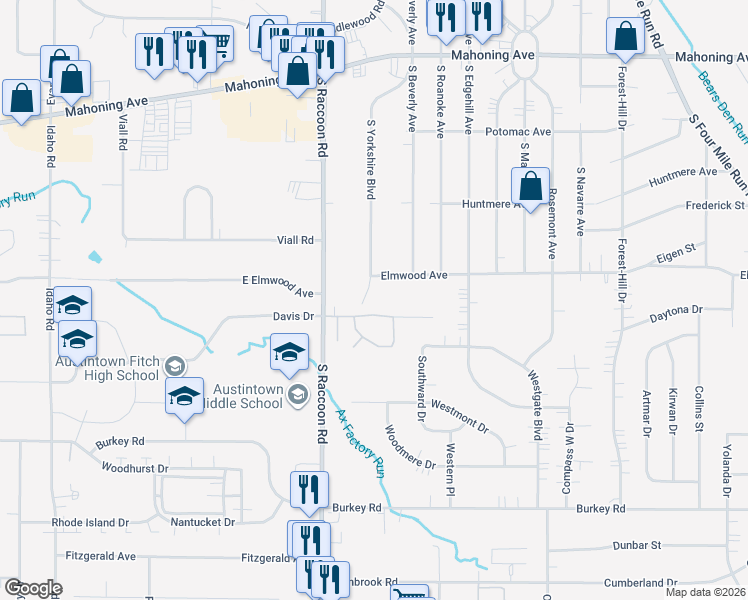 map of restaurants, bars, coffee shops, grocery stores, and more near 321 South Yorkshire Boulevard in Youngstown
