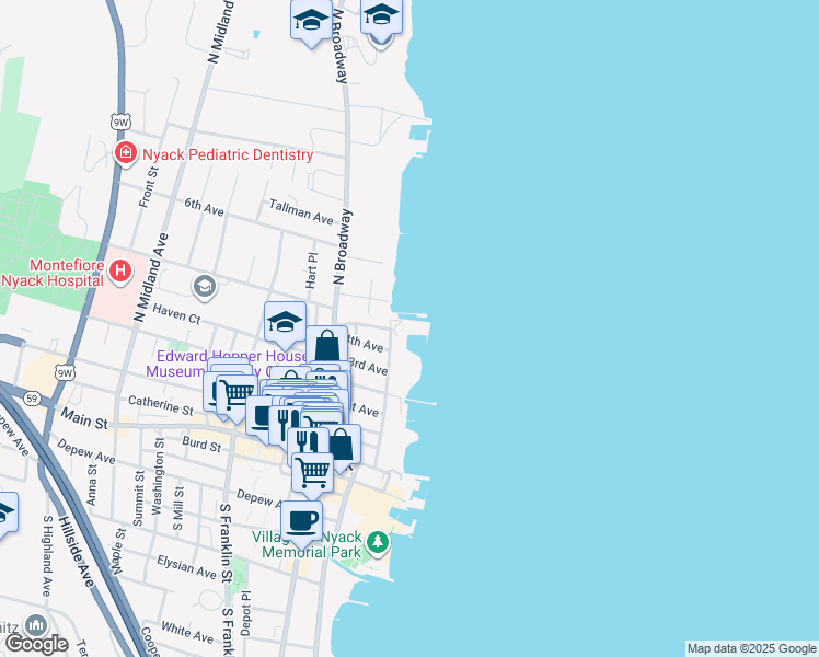 map of restaurants, bars, coffee shops, grocery stores, and more near 103 Gedney Street in Nyack