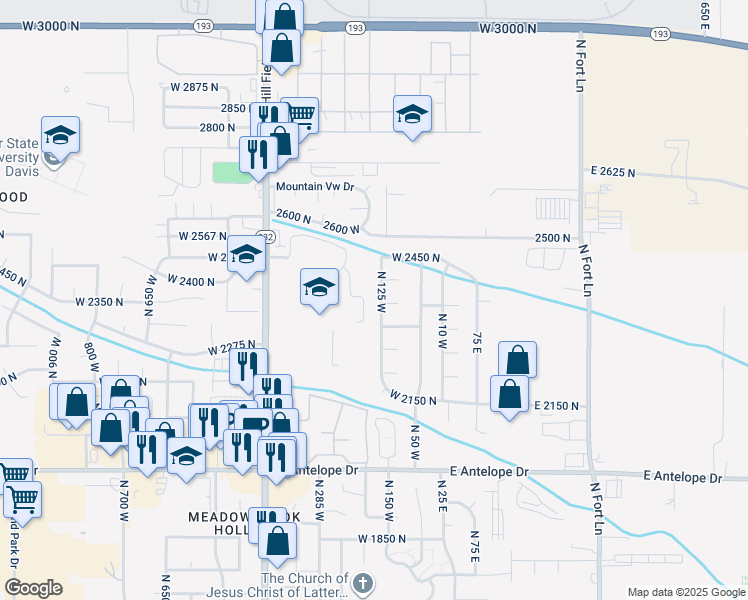 map of restaurants, bars, coffee shops, grocery stores, and more near 2355 North 125 West in Layton