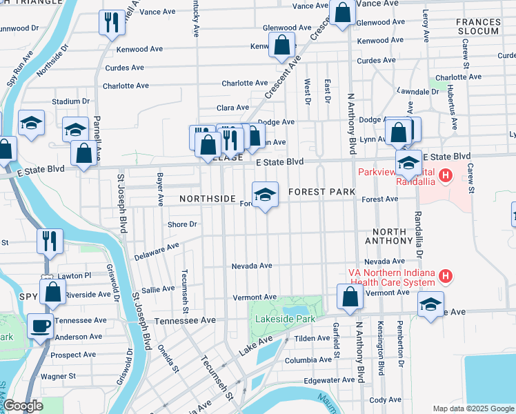 map of restaurants, bars, coffee shops, grocery stores, and more near 1920 California Avenue in Fort Wayne