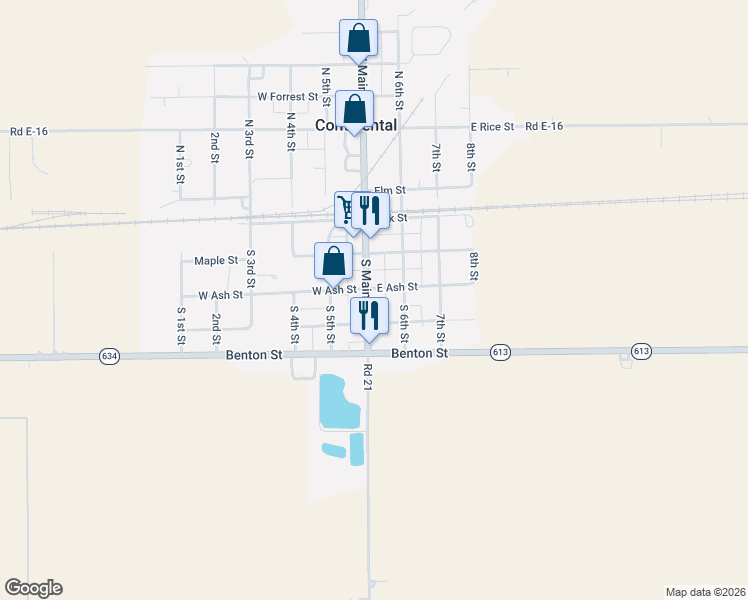 map of restaurants, bars, coffee shops, grocery stores, and more near 311 Main Street in Continental