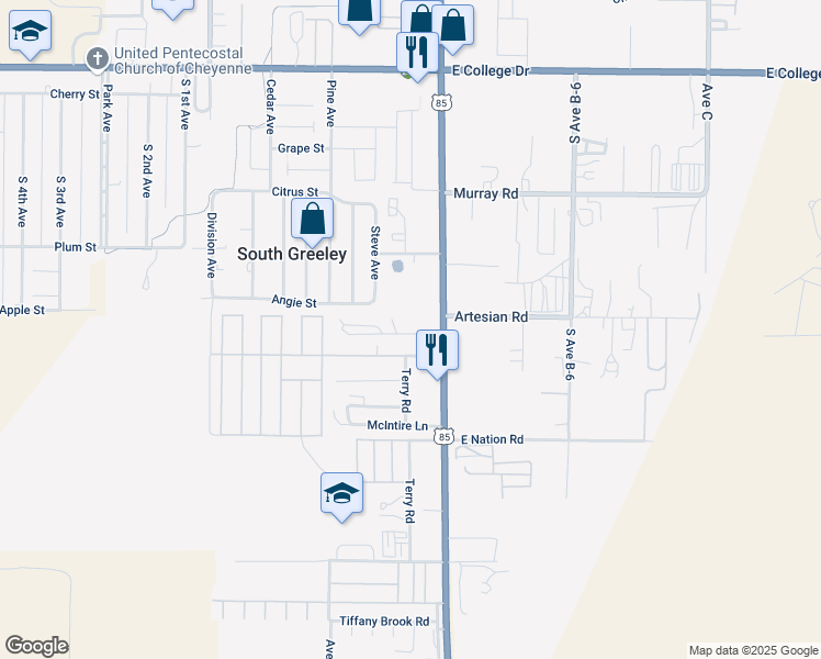 map of restaurants, bars, coffee shops, grocery stores, and more near 210 Williams Street in Cheyenne