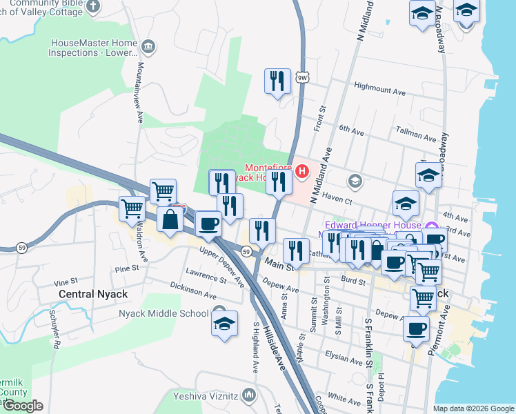 map of restaurants, bars, coffee shops, grocery stores, and more near 273 High Avenue in Nyack
