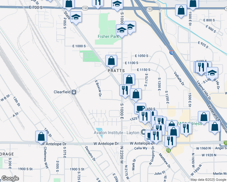 map of restaurants, bars, coffee shops, grocery stores, and more near 1300-1584 South 1000 East in Clearfield