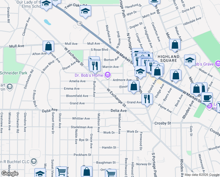 map of restaurants, bars, coffee shops, grocery stores, and more near 911 Bloomfield Avenue in Akron