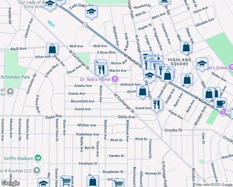 map of restaurants, bars, coffee shops, grocery stores, and more near 911 Bloomfield Avenue in Akron