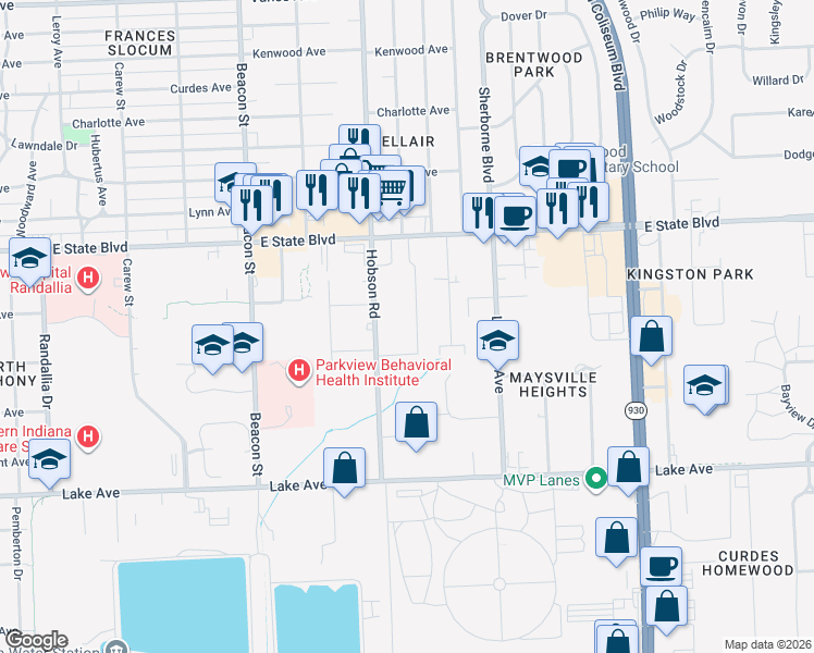 map of restaurants, bars, coffee shops, grocery stores, and more near 1801 Senior Drive in Fort Wayne