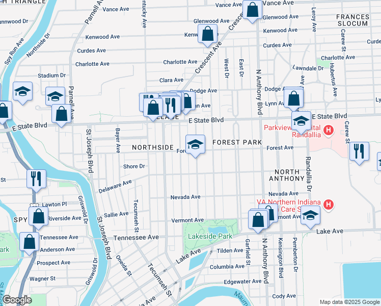 map of restaurants, bars, coffee shops, grocery stores, and more near 1920 California Avenue in Fort Wayne
