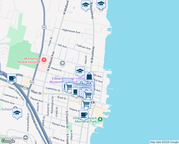 map of restaurants, bars, coffee shops, grocery stores, and more near 134 North Broadway in Nyack