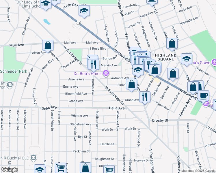 map of restaurants, bars, coffee shops, grocery stores, and more near 911 Bloomfield Avenue in Akron