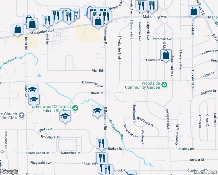map of restaurants, bars, coffee shops, grocery stores, and more near 603 South Raccoon Road in Youngstown