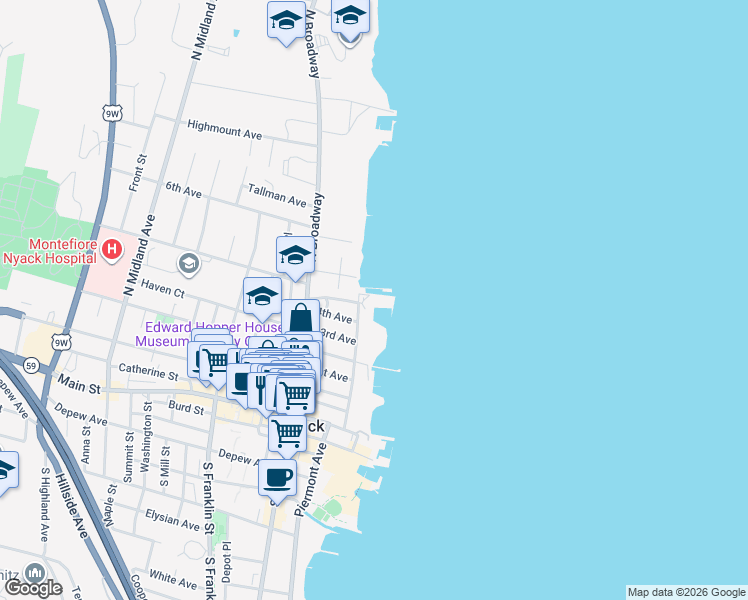map of restaurants, bars, coffee shops, grocery stores, and more near 104 Gedney Street in Nyack