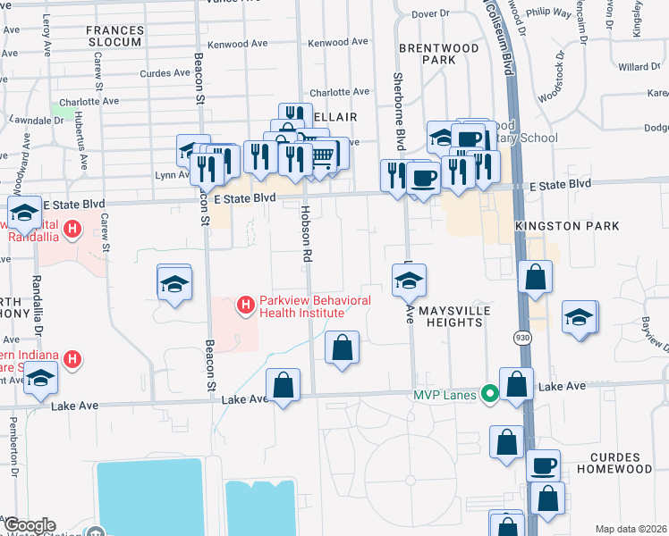 map of restaurants, bars, coffee shops, grocery stores, and more near 1801 Senior Drive in Fort Wayne