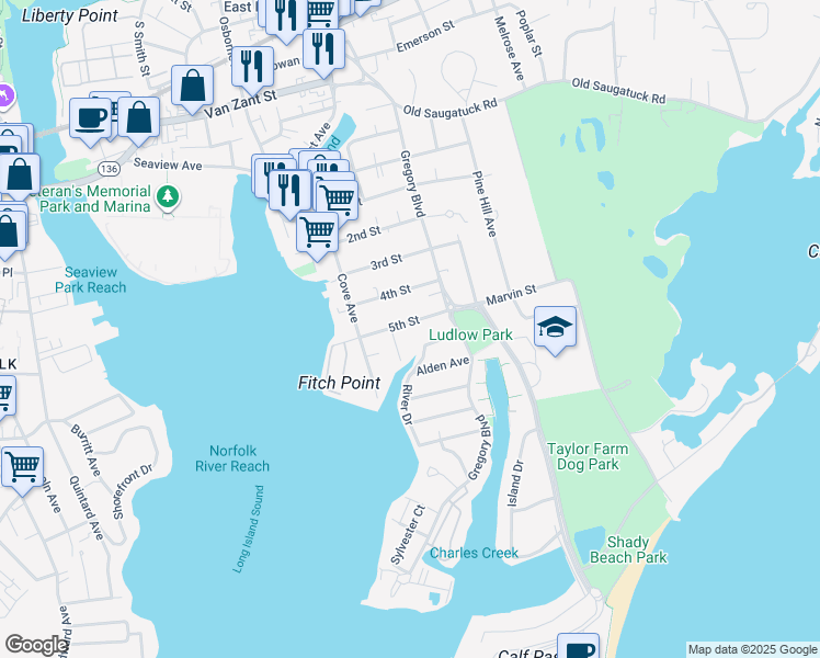map of restaurants, bars, coffee shops, grocery stores, and more near 14 4th Street in Norwalk