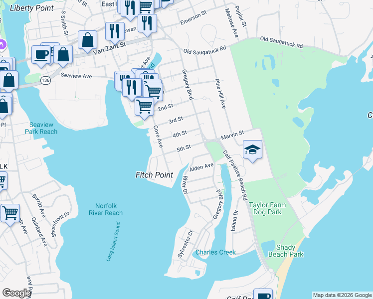map of restaurants, bars, coffee shops, grocery stores, and more near 14 4th Street in Norwalk