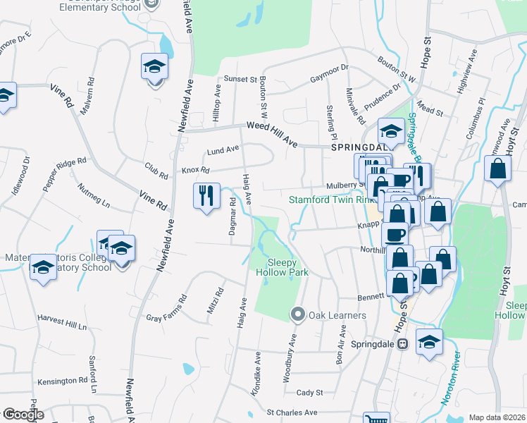 map of restaurants, bars, coffee shops, grocery stores, and more near 337 Haig Avenue in Stamford