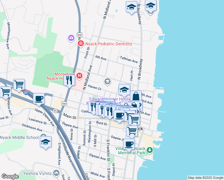 map of restaurants, bars, coffee shops, grocery stores, and more near 142 North Franklin Street in Nyack