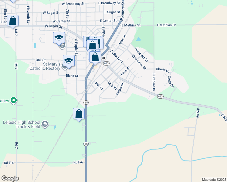 map of restaurants, bars, coffee shops, grocery stores, and more near 225 Rush Street in Leipsic