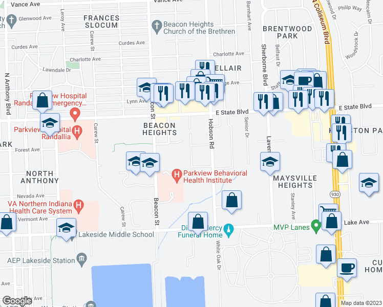 map of restaurants, bars, coffee shops, grocery stores, and more near 2021 Hobson Road in Fort Wayne