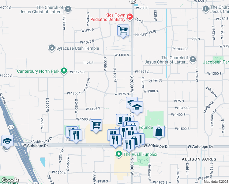 map of restaurants, bars, coffee shops, grocery stores, and more near 1239 South 2100 West in Syracuse