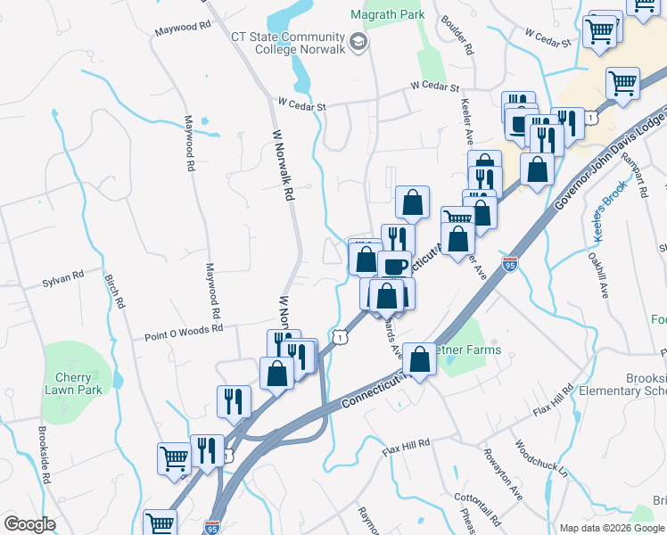 map of restaurants, bars, coffee shops, grocery stores, and more near 97 Richards Avenue in Norwalk