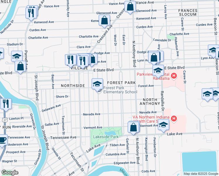 map of restaurants, bars, coffee shops, grocery stores, and more near 2024 Florida Drive in Fort Wayne