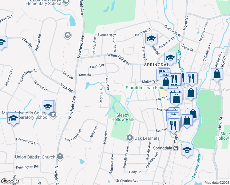 map of restaurants, bars, coffee shops, grocery stores, and more near 337 Haig Avenue in Stamford