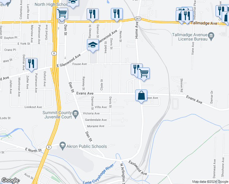map of restaurants, bars, coffee shops, grocery stores, and more near 663 Evans Avenue in Akron