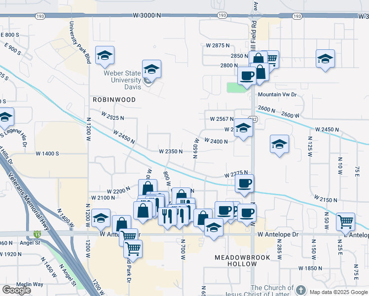 map of restaurants, bars, coffee shops, grocery stores, and more near 720 West 2350 North in Layton