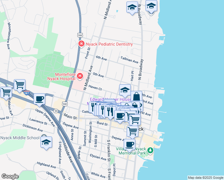map of restaurants, bars, coffee shops, grocery stores, and more near 142 North Franklin Street in Nyack