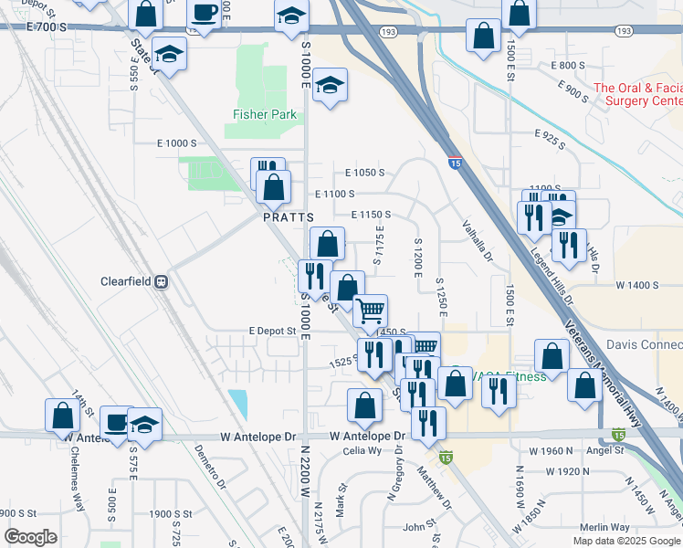 map of restaurants, bars, coffee shops, grocery stores, and more near 1299 State Street in Clearfield