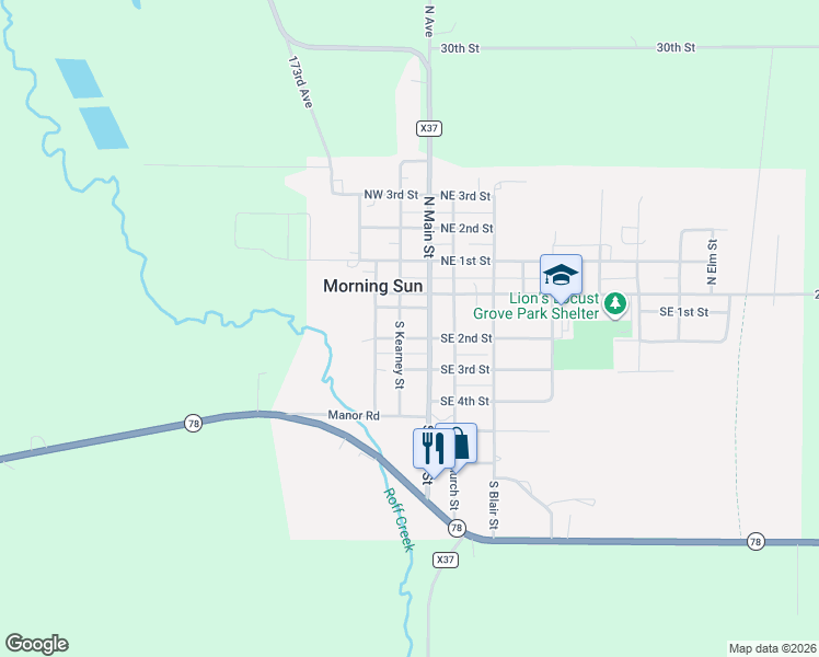 map of restaurants, bars, coffee shops, grocery stores, and more near 2-18 Southwest 1st Street in Morning Sun