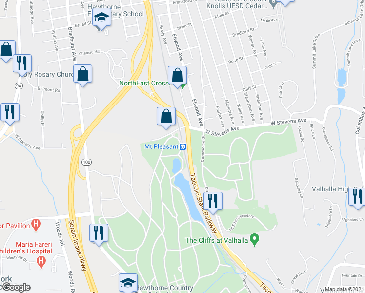map of restaurants, bars, coffee shops, grocery stores, and more near Taconic State Parkway in Hawthorne