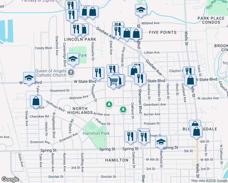map of restaurants, bars, coffee shops, grocery stores, and more near 1233 West State Boulevard in Fort Wayne