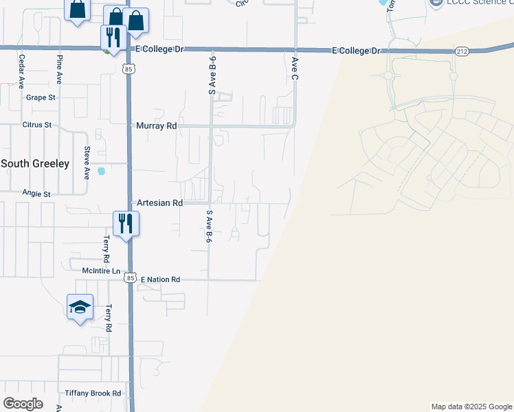 map of restaurants, bars, coffee shops, grocery stores, and more near 614 Artesian Road in Cheyenne