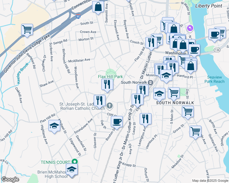 map of restaurants, bars, coffee shops, grocery stores, and more near 232 Flax Hill Road in Norwalk