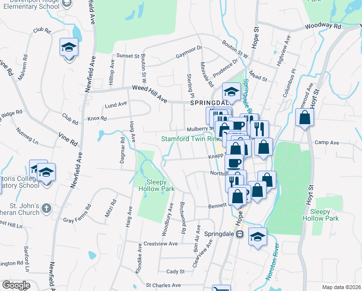 map of restaurants, bars, coffee shops, grocery stores, and more near 64 Mulberry Street in Stamford