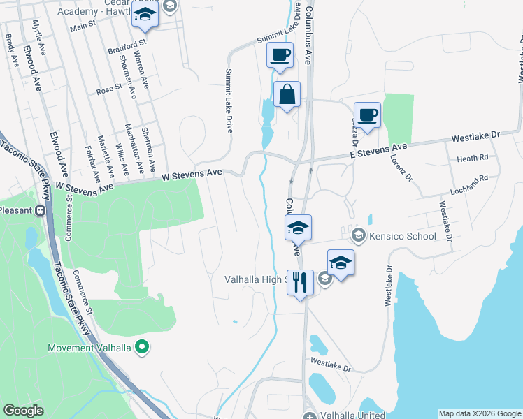 map of restaurants, bars, coffee shops, grocery stores, and more near 5 Clovebrook Road in Valhalla